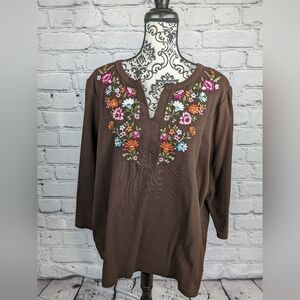 Dressbarn women's long sleeve stretch knit sz 3x floral stitch popover top b30